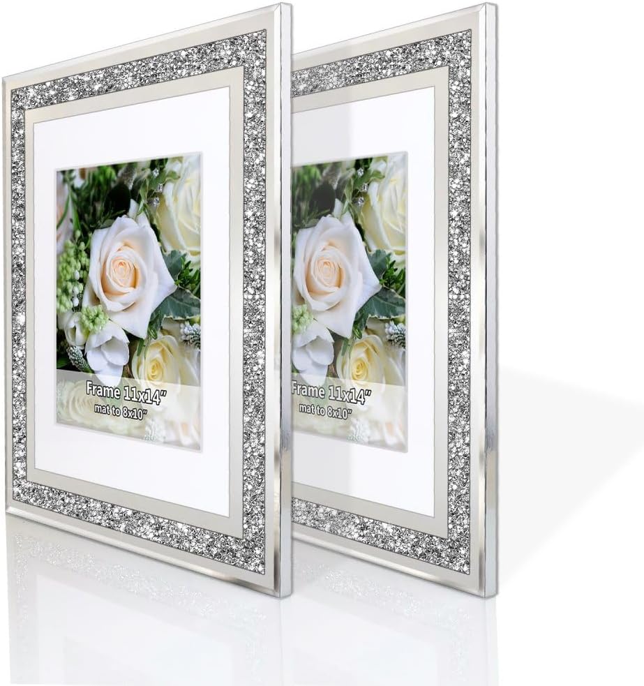 Crushed Diamond Wedding Mirror Photo Frame, Crystal Silver Glass Picture Frame For Photograph Size 11x14 inch With Mat for 8x10 inch, Pack of 2 Pieces Wall Frame. Bling Sparkle Diamond Home Decor.